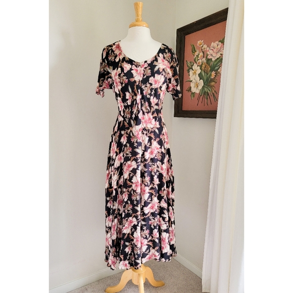 90s Black Floral Bias Cut 1990s Vintage Rayon Gauze V Neck Midi Dress - Picture 4 of 14